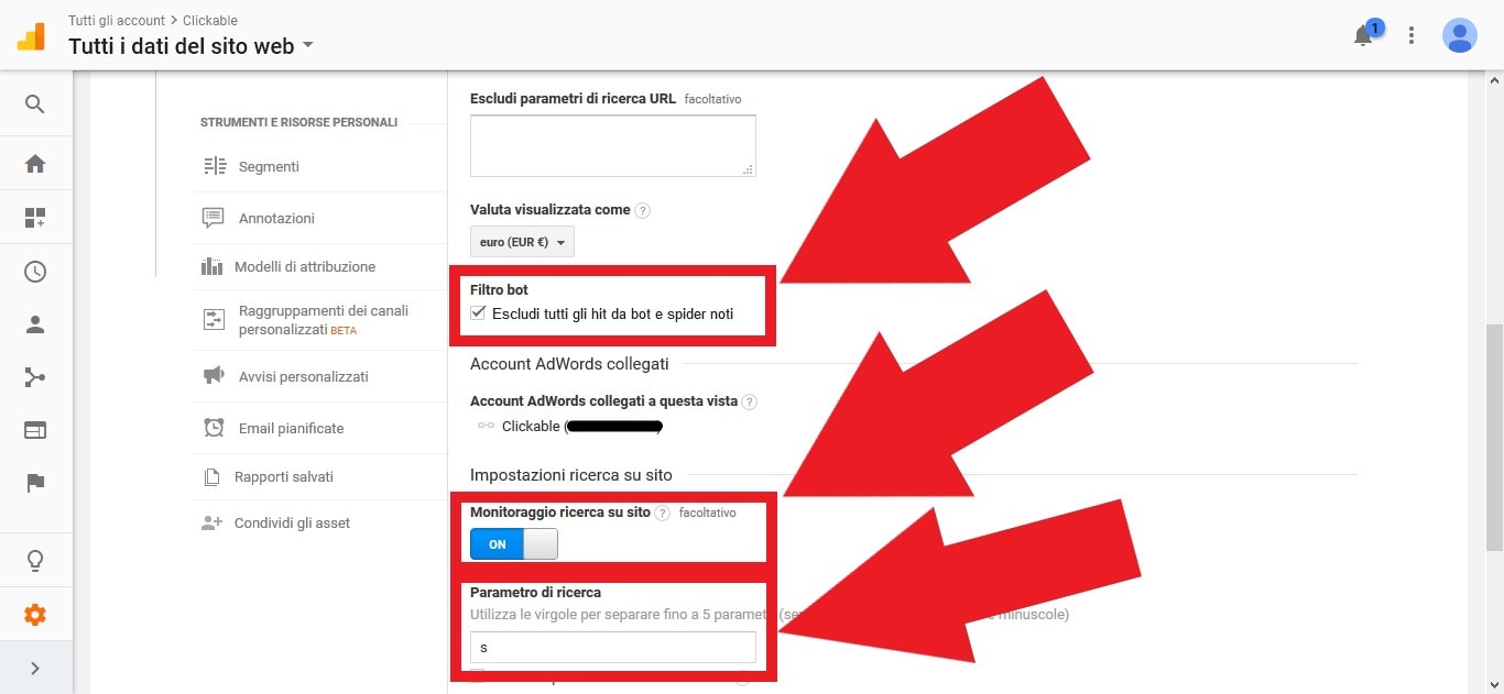 Attivare il monitoraggio della ricerca sul sito su Google Analytics