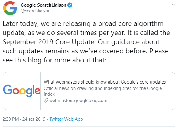Aggiornamento algoritmo Google - Annuncio September 2019 Core Update