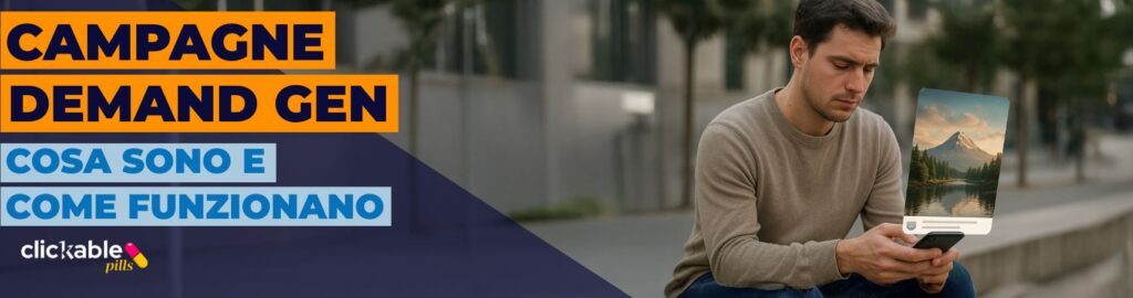 Uomo che guarda il telefono e testo “Campagne Demand Gen: cosa sono e come funzionano