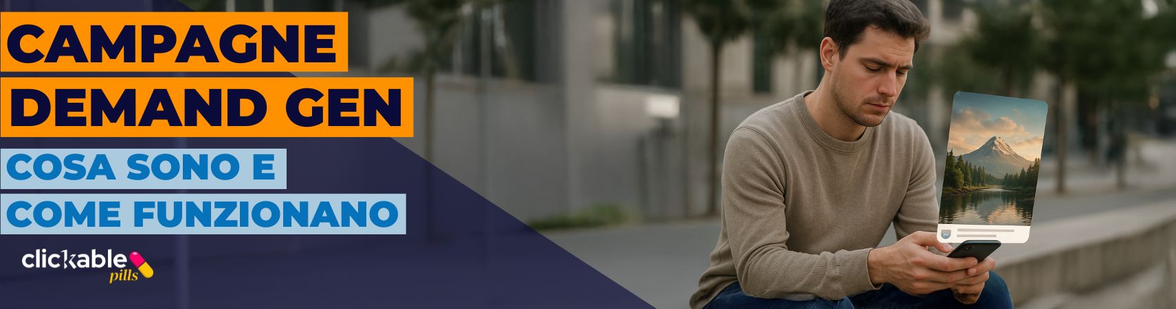 Uomo che guarda il telefono e testo “Campagne Demand Gen: cosa sono e come funzionano