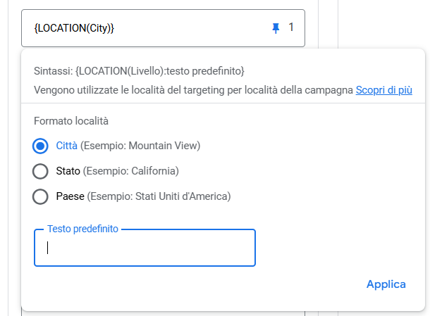 Esempio Google Ads per l'inserimento dinamico di località