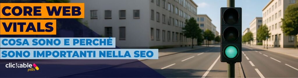 Banner Core Web Vitals con semaforo verde su sfondo urbano