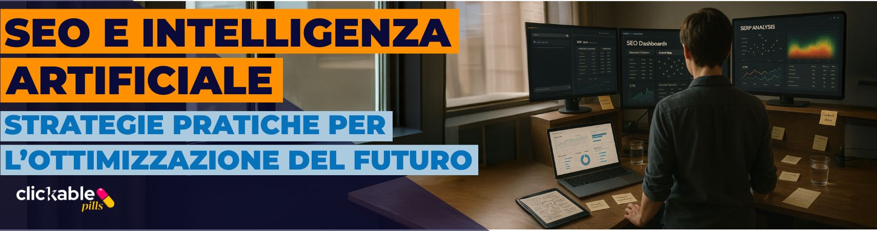 SEO Specialist che lavora con più dashboard e schermi