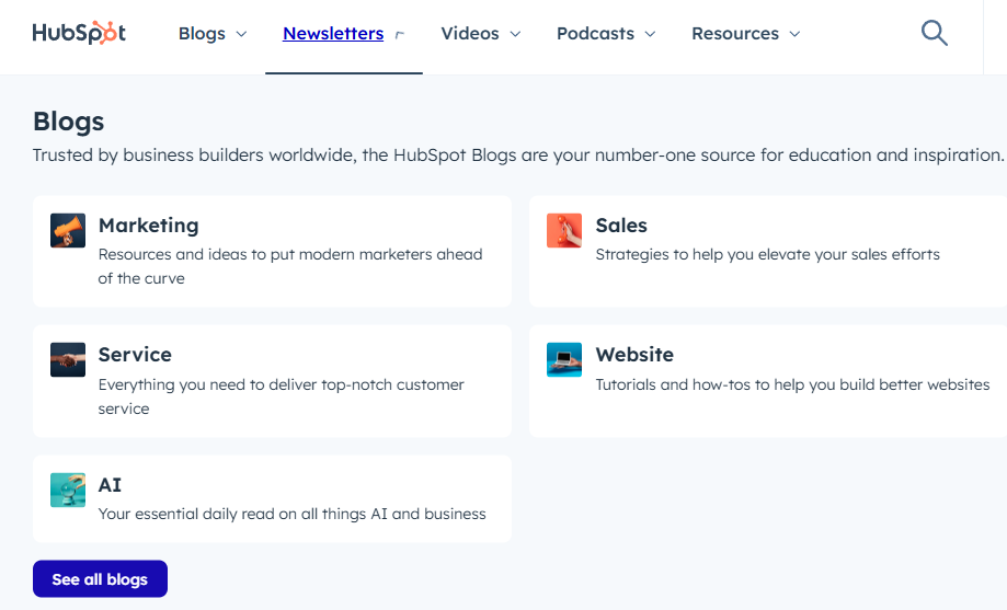 Struttura a pillar del blog di Hubspot