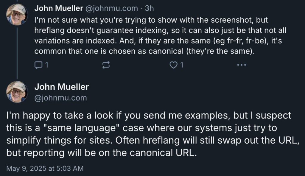 Testo del post di John Mueller sull'hreflang
