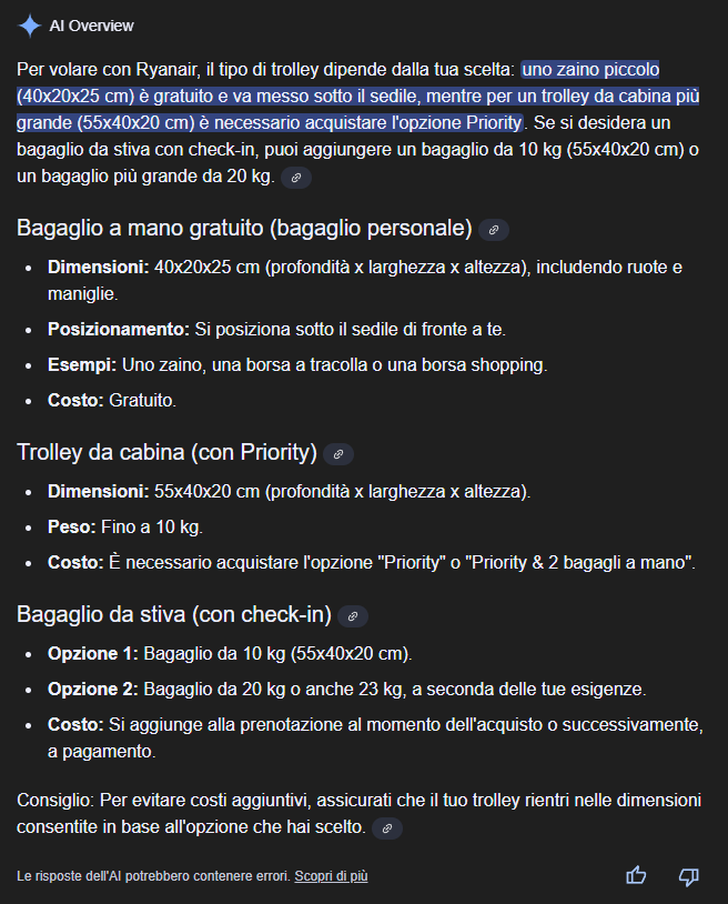 Esempio di AI Overview con ricerca "bagaglio a mano Ryanair"
