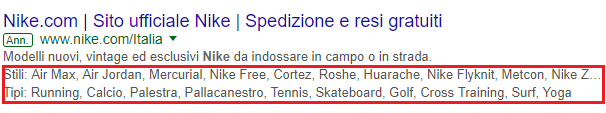 Snippet strutturati su annuncio Nike