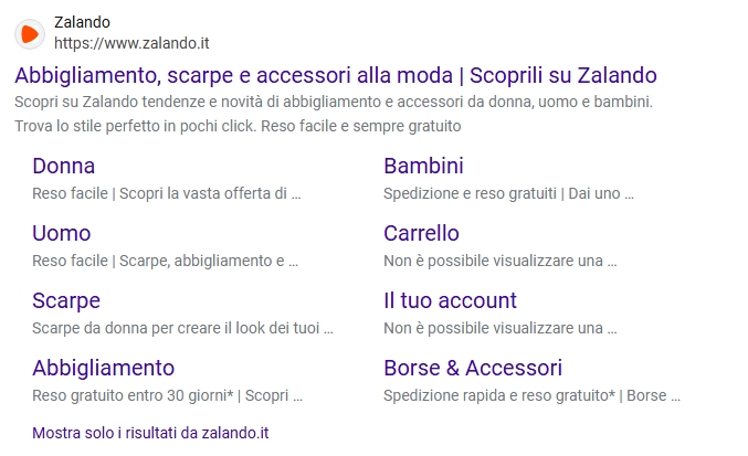 Esempio sitelink su Zalando