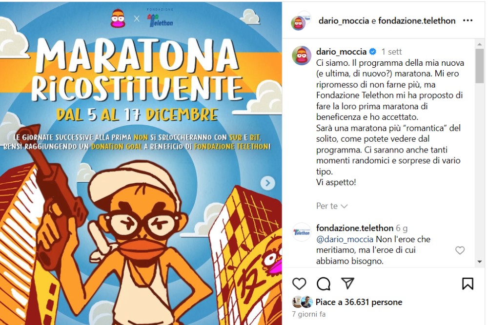 screen del post Instagram di Dario Moccia e Fondazione Telethon sulla maratona ricostituente